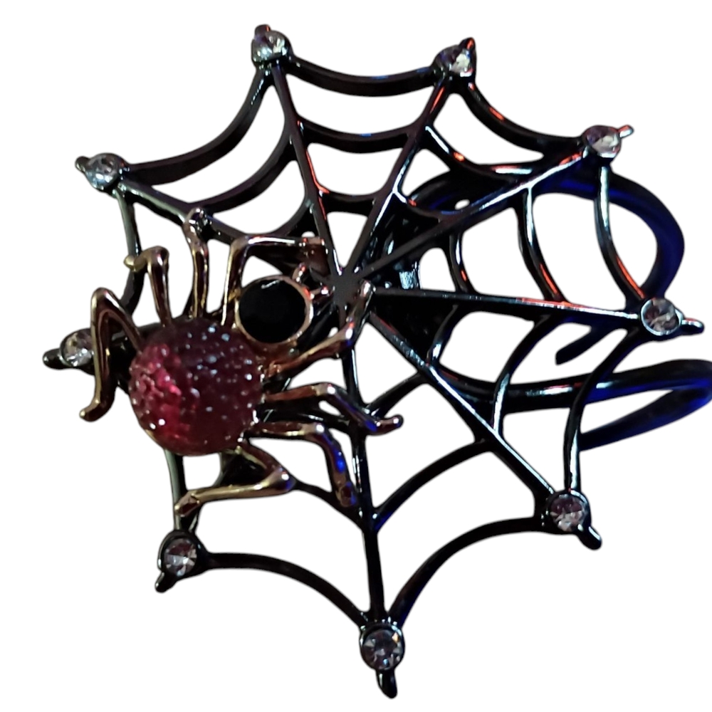 NWT Black Spider Web Clamper Bracelet Gold Spider w/ Blue , Light Purple Accents - Picture 3 of 9